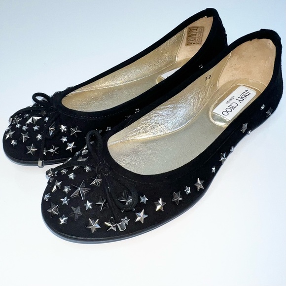 Jimmy Choo Willow Ballet Flat Black Suede Star Studded Size 37 - Picture 4 of 16